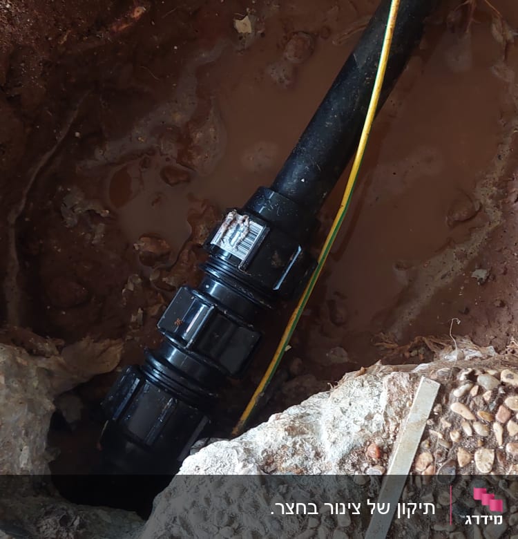 צינור שחור עם מחבר פלסטיק באדמה רטובה